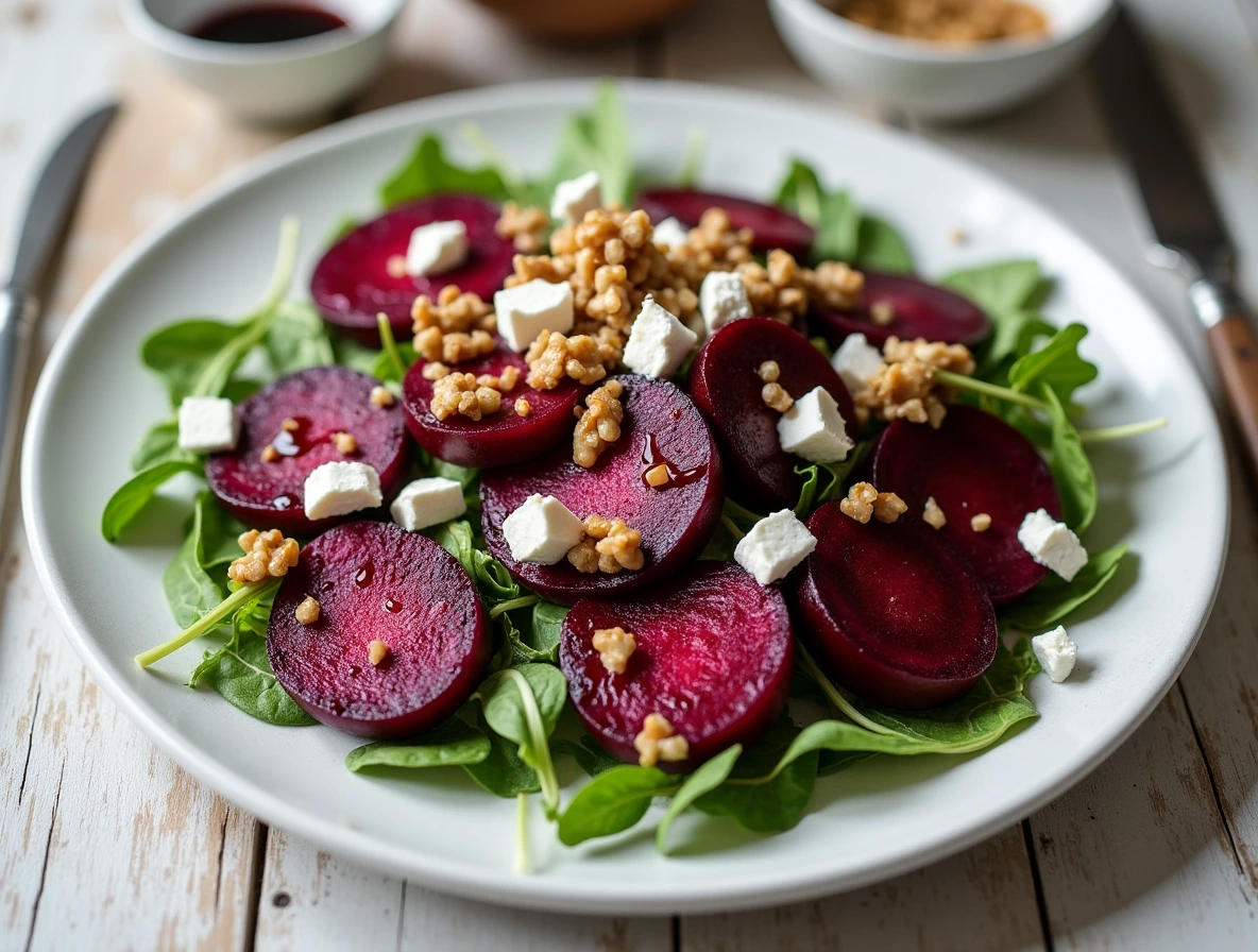 Delicious Balthazar Beet Salad with roasted beets, goat cheese, and mixed greens, served with a tangy vinaigrette