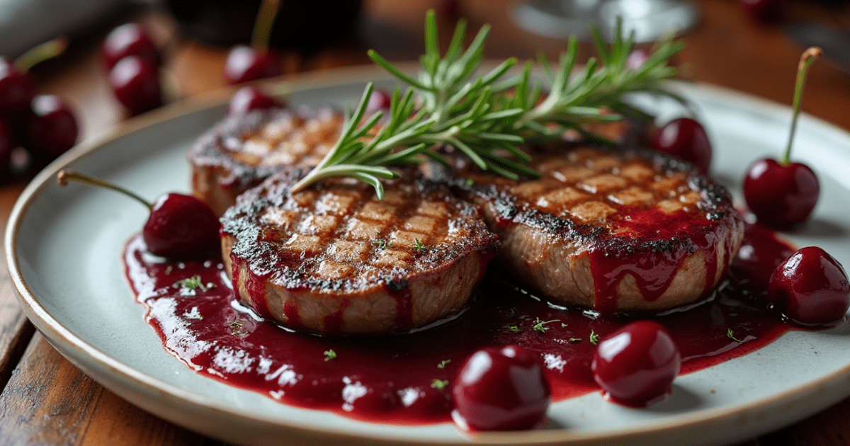 Sweet Cherry Wine Beef served with a rich cherry wine reduction sauce