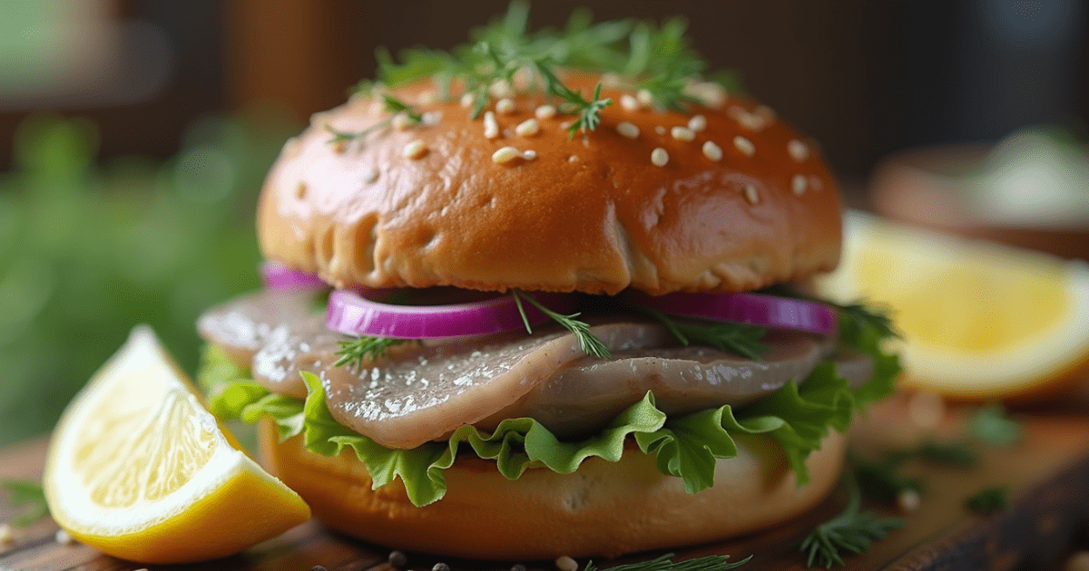 Matjesbrötchen sandwich with fresh herring fillets, onions, and dill served on crusty rolls