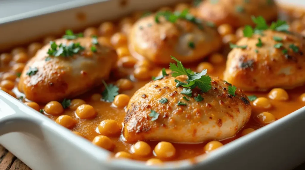 Chicken thighs layered over a creamy hominy mixture in a casserole dish, ready for the oven